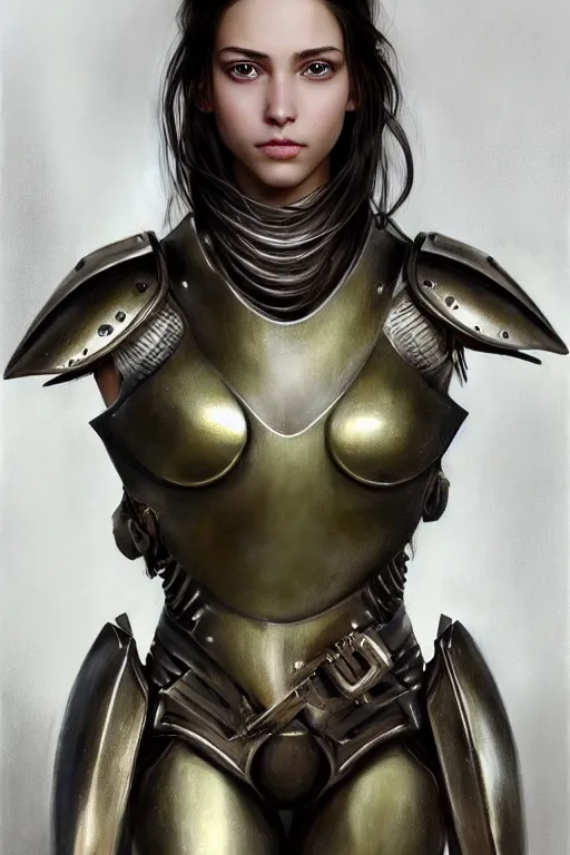 Prompt: a photorealistically painted portrait of an attractive young girl, partially clothed in dull metal-plated battle armor, olive skin, long dark hair, beautiful bone structure, symmetric facial features, perfect eyes, natural physique, intricate, elegant, digital painting, concept art, finely detailed, beautiful illustration, sharp focus, minimal artifacts, from Metal Gear, by Ruan Jia and Mandy Jurgens and Artgerm and William-Adolphe Bouguerea, in the style of Greg Rutkowski, trending on Artstation, award winning