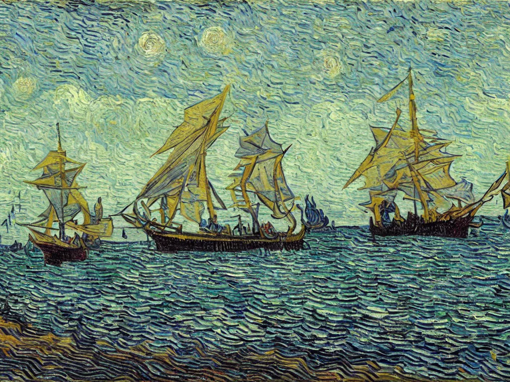 Image similar to oil painting of a viking longship invading south beach miami, light scatter, van gogh