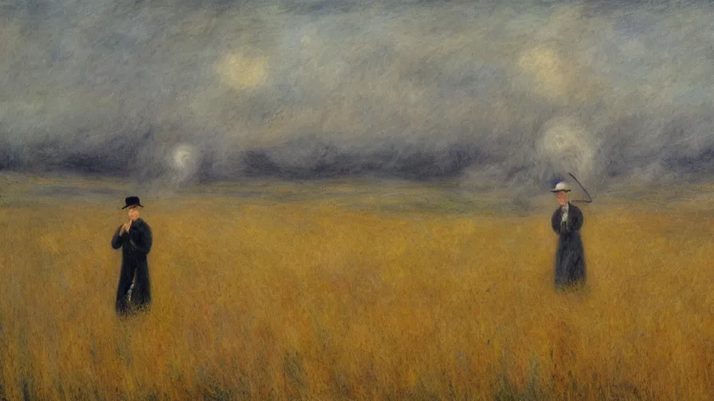 Image similar to a the grim reaper standing in a foggy wheat field in style of pierre - auguste renoir,, fine details,