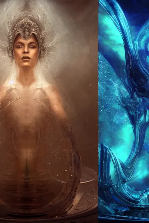 Image similar to a movie still of an ancient futuristic ethereal superstar with digital modifications surrounded by a underwater ink pour and flowing liquid gallium and complex sacred geometry, powerful, cinematic, beautifully lit, by john howe, by beeple, by artgerm, by karol bak, by brian froud, 3 d, trending on cgsociety, octane render, 8 k