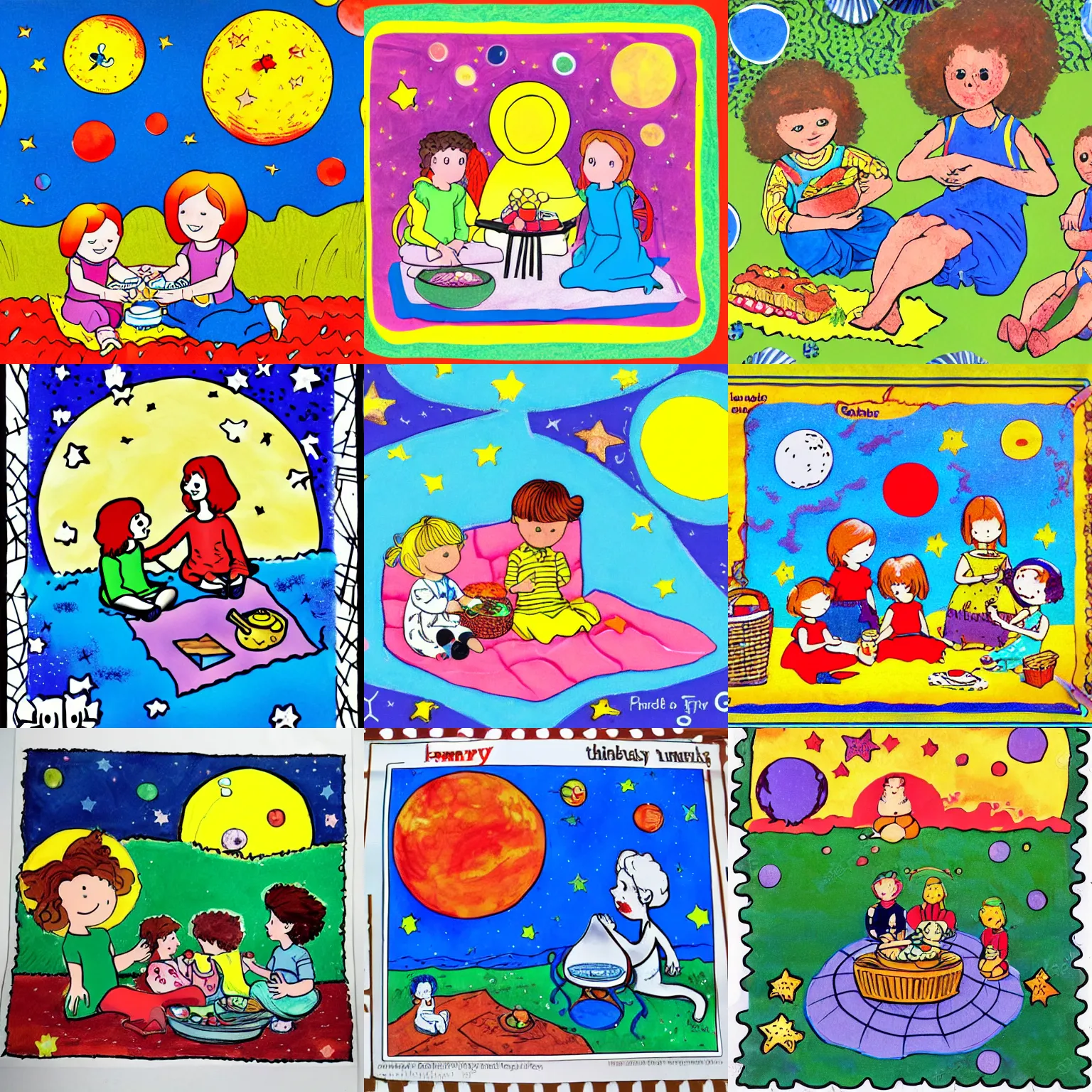 Prompt: The children were hungry so they sat down for a lovely picnic on the moon with the aliens , Illustration for small Children in the style of Dorothy Brook, , primary color scheme