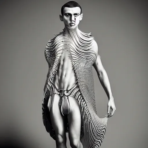 Image similar to a beautiful young persian male wearing iris van herpen couture, photographed by erwin olaf