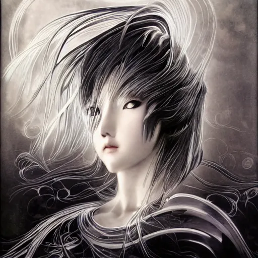 Image similar to yoshitaka amano blurred and dreamy illustration of an anime girl with black eyes, wavy white hair fluttering in the wind wearing elden ring armor and engraving, abstract black and white patterns on the background, noisy film grain effect, highly detailed, renaissance oil painting, weird portrait angle, blurred lost edges, three quarter view