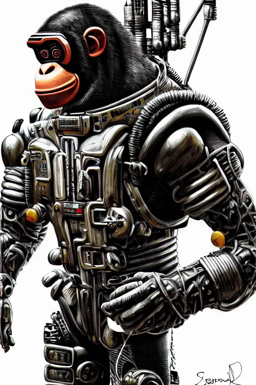 Image similar to a portrait of a muscular anthropomorphic cyberpunk chimp in spacesuit armor with ensignia on chest plate by sandra chevrier, by jon foster, detailed render, pistol in holster, extremely hyperdetailed, tape deck, epic composition, cybernetics, 4 k realistic, cryengine, realistic shaded lighting, sharp focus, masterpiece, by enki bilal
