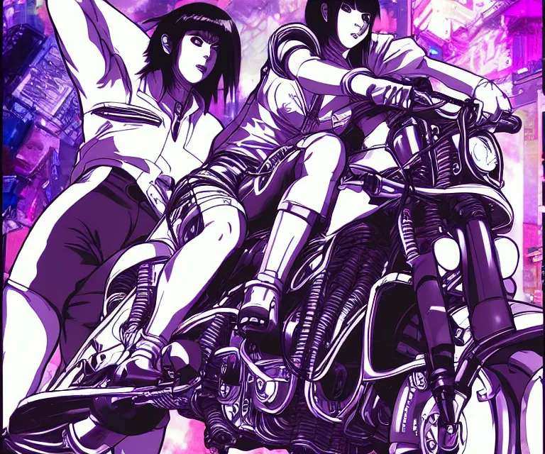 Image similar to motoko kusanagi riding a cyberpunk vehicle in a grungy cyberpunk megacity, bosozoku gang war, cyberpunk vaporwave, by phil jimenez, artgerm, sola digital arts, anti aliasing, raytracing