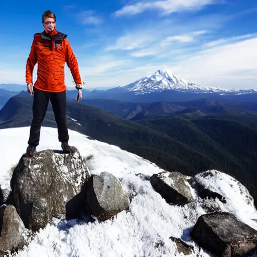 Prompt: man standing on rocks covered with snow mountain top in background