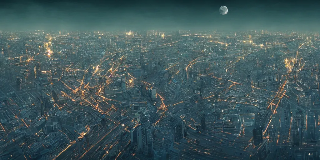 Image similar to cinematic shot of a cityscape futuristic antigravity saint petersburg city in the moon, russian orbit city, telephoto, golden mood, iconic scene from the paranoid thriller sci fi film directed by stanley kubrick, anamorphic cinematography, beautiful composition, color theory, leading lines, photorealistic, moody volumetric lighting