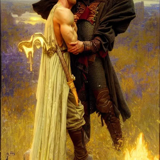 Prompt: attractive arthur pendragon with attractive male merlin the mage. they are in love. highly detailed painting by gaston bussiere, craig mullins, j. c. leyendecker