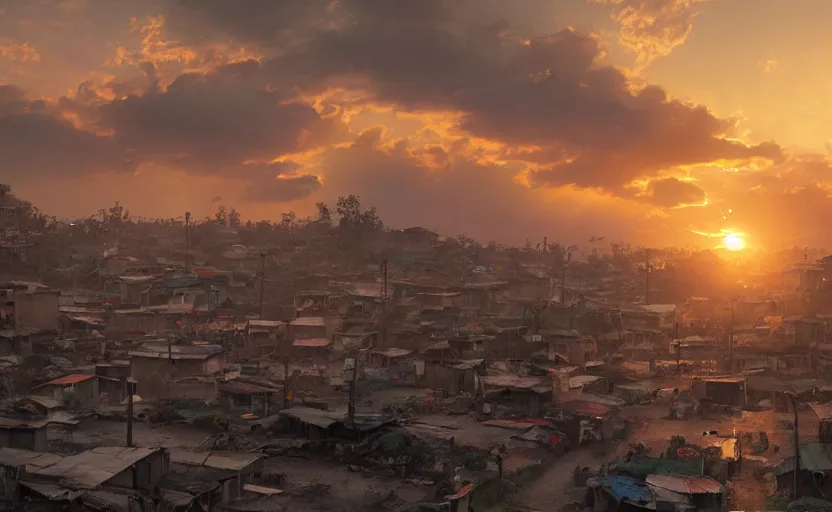 Image similar to beautiful landscape painting of the slums of tondo manila, sunrise, god's rays highly detailed, vivid color, cinematic lighting, perfect composition, 8 k, gustave dore, derek zabrocki, greg rutkowski, belsinski, octane render