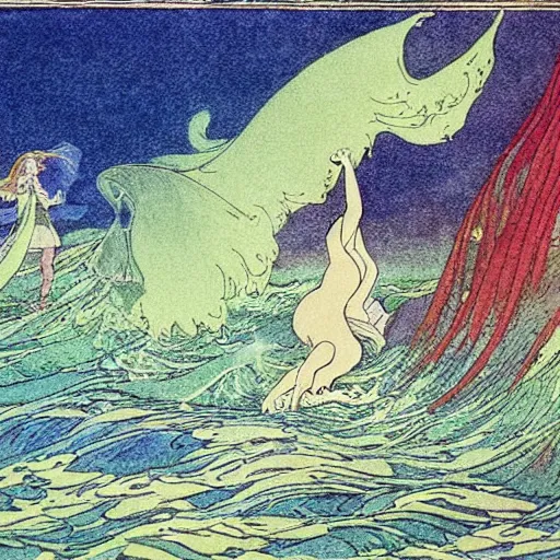 Prompt: an extremely colorful depiction of the wave scene from peter beagle ’ s the last unicorn, from a book of fairy tales illustrated by edmund dulac