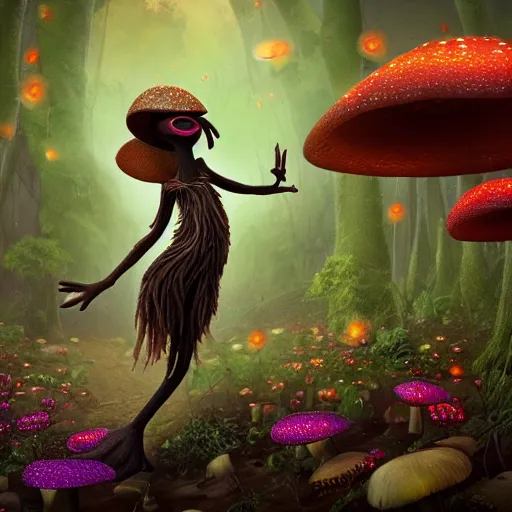 Prompt: a dark skinned anthro fungal mushroom with long arms and long legs wearing a floral dress, fireflies, vivid colours, ultra realistic,, cg society contest winner, behance contest winner, artstation, 4 k uhd art, unreal engine 5