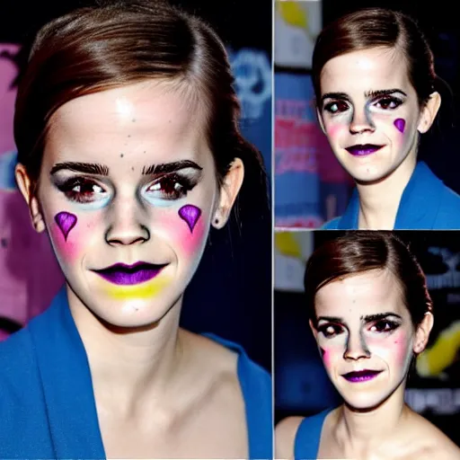 Prompt: emma watson. beautiful clown makeup.