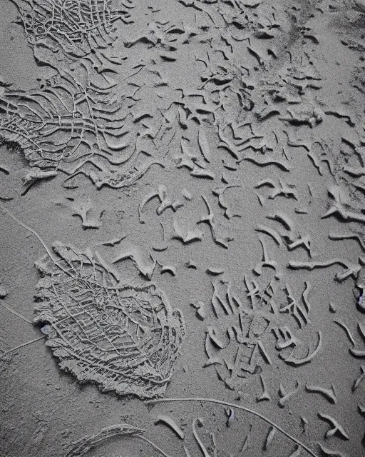 Image similar to a beach, made of intricate decorative lace leaf skeleton, shot from a drone, in the style of the dutch masters and gregory crewdson, dark and moody