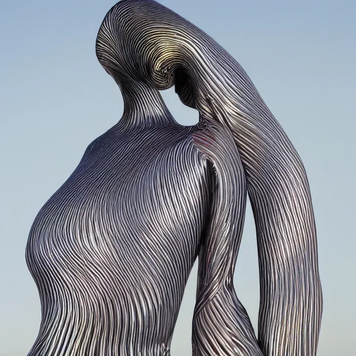 Image similar to metallic neoprene woman, feathered, nylon fashion, designed by corbusier, by alex grey, by santiago calatrava