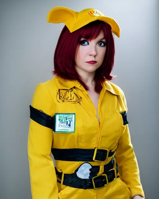 Prompt: Beautiful close highly detailed portrait of an April O'neil from TMNT cosplayer in her iconic signature main 1987 Yellow news reporter jumpsuit outfit. Award-winning photography. XF IQ4, 150MP, 50mm, f/1.4, ISO 200, 1/160s, natural light, rule of thirds, symmetrical balance, depth layering, polarizing filter, Sense of Depth, AI enhanced