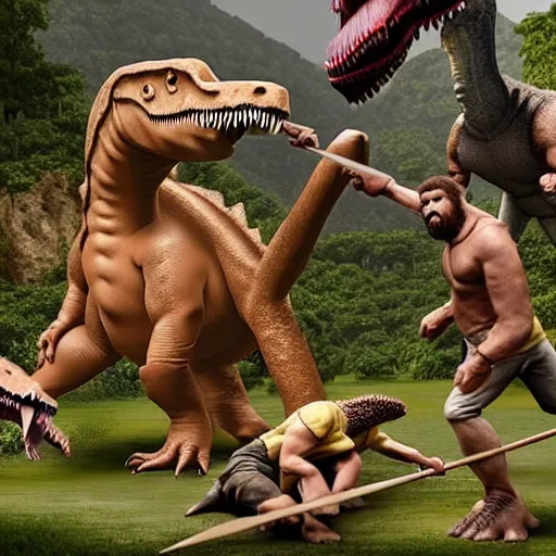 Image similar to A large dinosaur! fighting with several realistic detailed cavemen with proportioned bodies, next to the dinosaur are cavemen, the cavemen are armed with spears, the caveman are in a fighting stance, the cavemen are wearing animal furs, one caveman is stabbing the dinosaur with his spear, one caveman is cowering in fear, coarse canvas, visible brushstrokes, intricate, extremely detailed painting by William Turner (and by Greg Rutkowski)