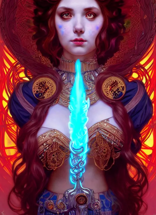 Prompt: the goddess hestia, hair of fire, full body, steampunk, glowing eyes, volumetric lights, red and cyan theme, art nouveau botanicals, intricate, highly detailed, digital painting, artstation, concept art, smooth, sharp focus, cinematic, illustration, beautiful face, art by artgerm and greg rutkowski and alphonse mucha