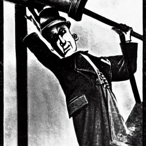 Image similar to vintage photograph of count orlok swinging a hammer over his head, working on the railroad