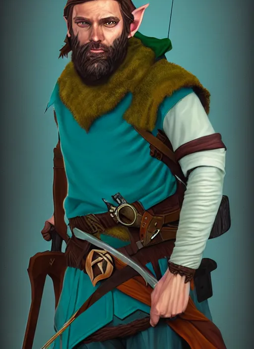 Image similar to A striking epic realism comic book style portait painting of an arrogant half-elf ranger, teal tunic, teal headband, shaggy brown hair, scruffy beard, holding crossbow, D&D Concept Art, unreal 5, DAZ, hyperrealistic, octane render, cosplay, RPG portrait, dynamic lighting