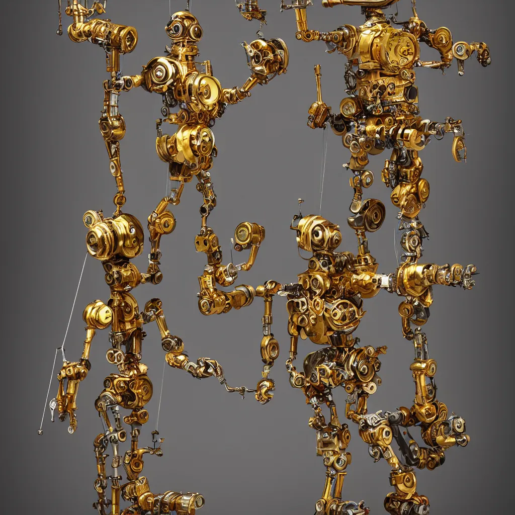 Prompt: a robot marionette made of clockwork parts of gold and brass, puppet, mechanical, in the style of michael kutsche and peter mohrbacher, photorealistic, 8 k, trending on artstation