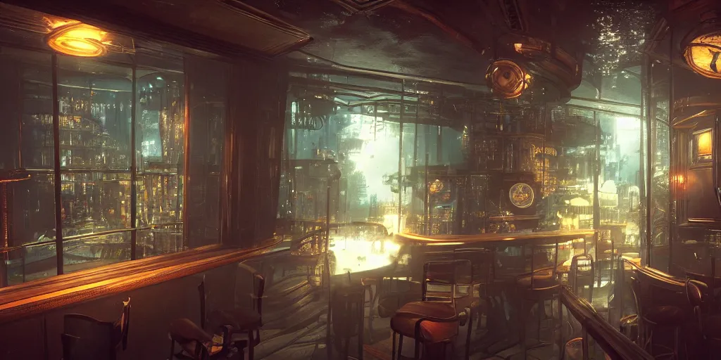 Image similar to In the world of rapture from the world of bioshock you are in a bar, there is a window that lets you see the whole city underwater and you are drinking a rum and coke