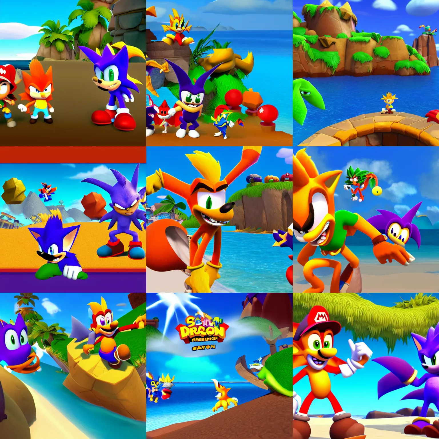 Prompt: Crash Bandicoot, Spyro the Dragon, Sonic the Hedgehog and Super Mario hanging out on the beach high quality, 4k, HD