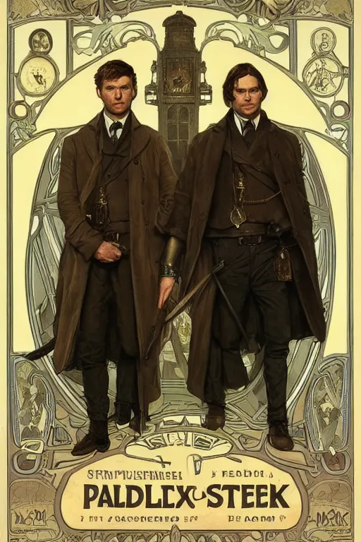 Image similar to a detailed matte portrait of jensen ackles and jared padalecki as sherlock holmes and watson, masterpiece, 8 k, art by alphonse mucha and greg rutkowski