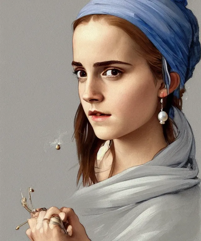 Prompt: Emma Watson as the girl with the pearl earring, highly detailed, digital painting, artstation, concept art, smooth, sharp focus, illustration, ArtStation, art by artgerm and greg rutkowski and alphonse mucha and J. C. Leyendecker and Edmund Blair Leighton and Katsuhiro Otomo and Geof Darrow and Phil hale and Ashley wood and Ilya repin and Charlie Bowater