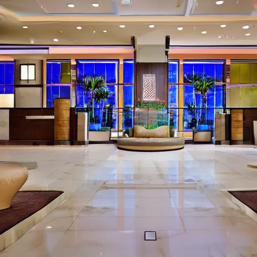 Image similar to wide angle view of an elegant metro hotel lobby, modern anime style, official anime still