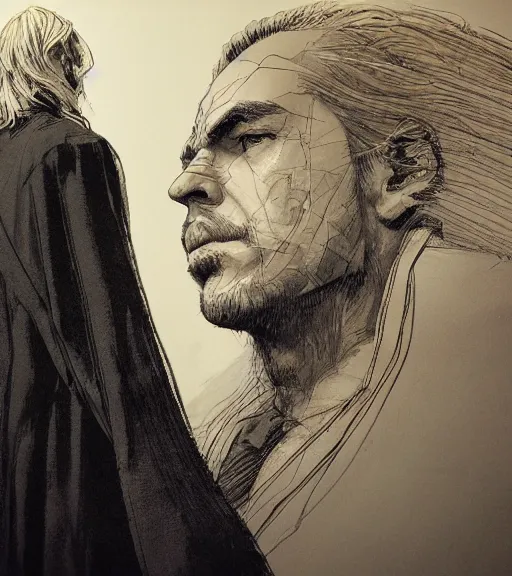 Prompt: portrait of man with blond ponytail hair wearing black robes, pen and ink, intricate line drawings, by craig mullins, ruan jia, kentaro miura, greg rutkowski, loundraw