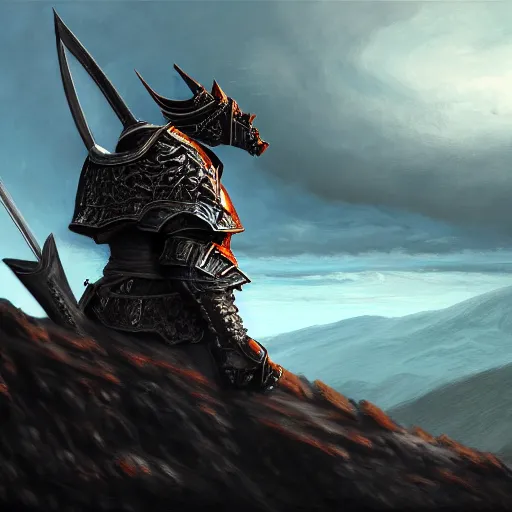 Image similar to realistic side view painting of the king of the mountain, angry, black iron armour, sword, lava, dramatic lighting, intricate, wild, highly detailed, digital painting, artstation, concept art, smooth, sharp focus, illustration