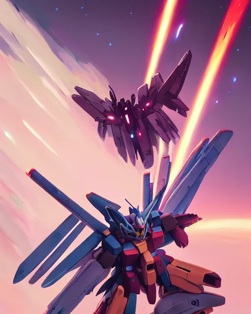 Image similar to highly detailed vfx portrait of a gundam with wings of feathers beam saber fighting in space with a beam gun, unreal engine, greg rutkowski, loish, rhads, beeple, makoto shinkai and lois van baarle, ilya kuvshinov, rossdraws, tom bagshaw, alphonse mucha, global illumination, detailed and intricate environment