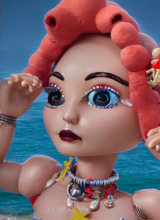 Image similar to closeup profile portrait of tin toy bikini girl beach, depth of field, zeiss lens, detailed, symmetrical, centered, fashion photoshoot, by nicoletta ceccoli, mark ryden, lostfish, breathtaking, 8 k resolution, extremely detailed, beautiful, establishing shot, artistic, hyperrealistic, octane render