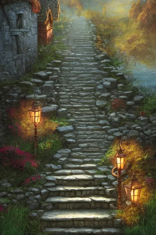 Image similar to matte glossy painting of stone steps fantasy leading to a cottage where a witch lives p artstation by emilia dziubak, will terry, greg olsen, chris mars, ann long, and mark brooks, greg ritkowski, james gurney, architecture, colorful warcraft architecture