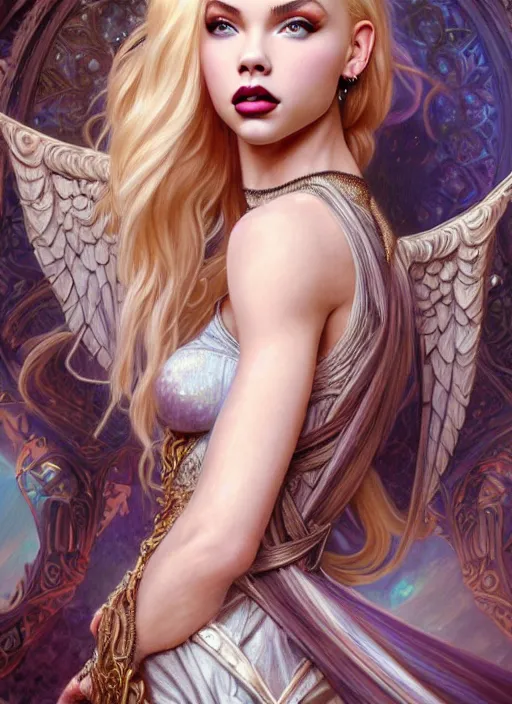 Image similar to ultra realistic illustration, a stunningly beautiful greek gothic goddess of chaos played by jordyn jones and dove cameron and margot robbie and taylor swift and megan fox and adriana lima, intricate, elegant, highly detailed, digital painting, artstation, concept art, smooth, sharp focus, illustration, art by artgerm and greg rutkowski and alphonse mucha