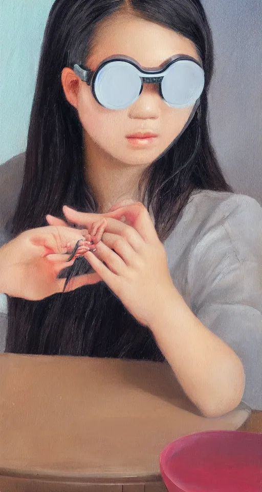 Image similar to a gen z teenage asian girl sitting at a small table, hand combing the hair, wearing vr googles, aged desaturated oil painting by mai trung thu