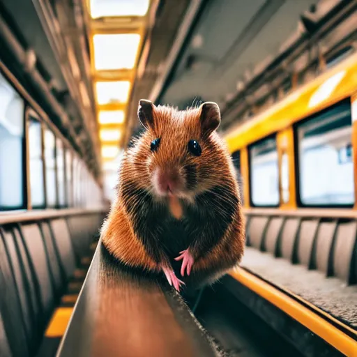 Image similar to photo of a train interior, a brown hamster is sitting on a seat in a train, various poses, unedited, soft light, sharp focus, 8 k
