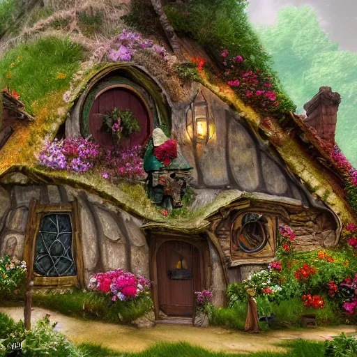 Prompt: a medieval hobbit house made of colorful crystal, ornate, beautiful, atmosphere, vibe, flowers, concept art illustration, color page, 4 k, tone mapping, doll, akihiko yoshida, james jean, andrei riabovitchev, marc simonetti, yoshitaka amano, digital illustration, greg rutowski, volumetric lighting, sunbeams, particles