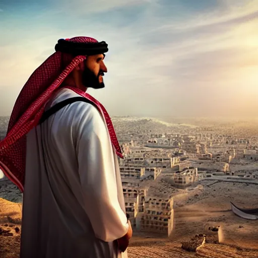 Image similar to a man in traditional Arabian costume overlooking his empire, cinematic, hyper realistic, soft lighting, intricate details, stunning