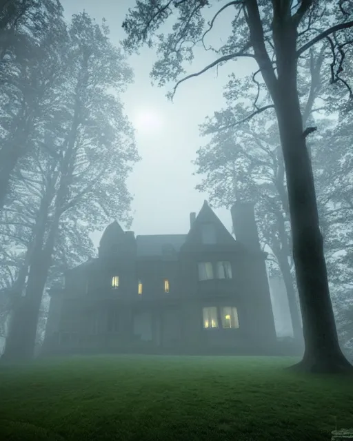 Prompt: a wide angle low photo of a ghostly victorian mansion howvering above a misty forest at night, volumetric light, epic proportions