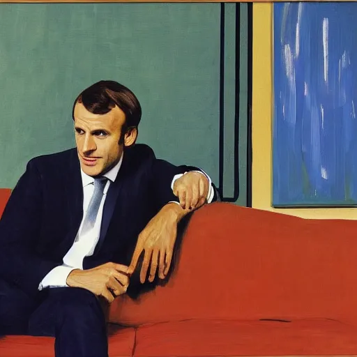 Image similar to emmanuel macron posing on a sofa, 1 9 7 0 living room, oil on canvas, by david hockney, bouguereau