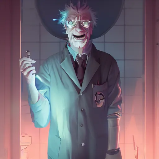 Image similar to John Noble as a mad scientist, ambient lighting, 4k, anime key visual, lois van baarle, ilya kuvshinov, rossdraws, artstation