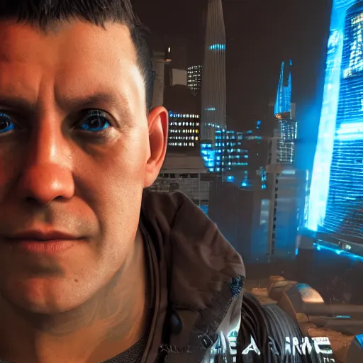 Prompt: during doomsday man with blue energy wings flying in cyberpunk city, high detail, realistic, symmetrical face, art by unreal engine 5 art