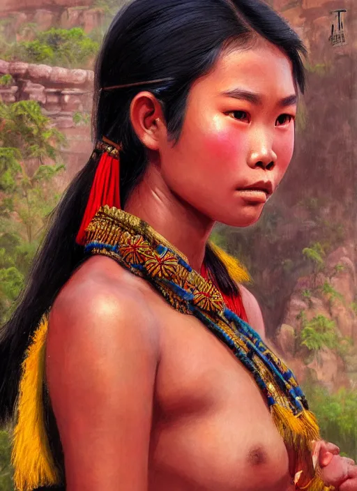 Image similar to portrait of a beautiful teen tai ethnic north thailand, closeup portrait, historical, ethnic group, traditional costume, elegant, loin cloth, highly detailed, oil painting, artstation, concept art, matte, sharp focus, illustration, hearthstone, art by earl norem