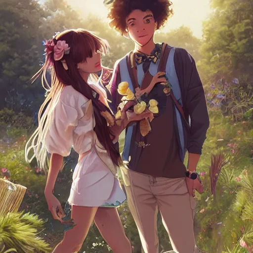 Image similar to a cinematic boy girl traditional romance moment of a group of BLACK university friends dressed as different animals hiking wearing boho clothing and peonies, full body illustration,bestselling movie art poster, official media, 1970s fashion, official anime media, incredible art by artgerm and greg rutkowski and doja cat