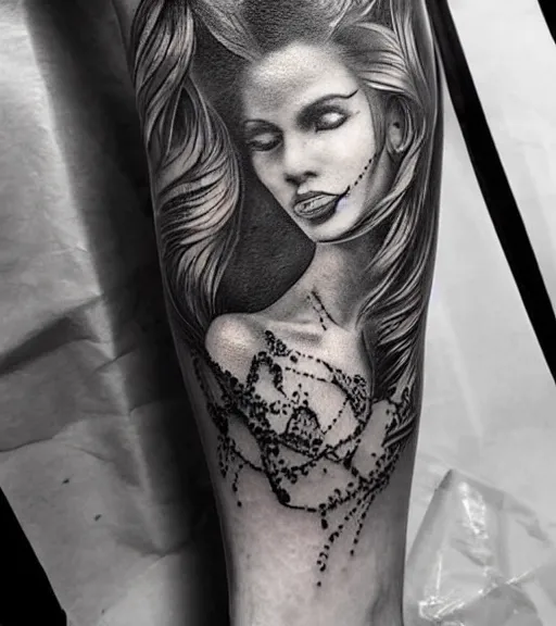 Image similar to a beautiful tattoo design, in the style of den yakovlev, hyper realistic, black and white, realism, highly detailed