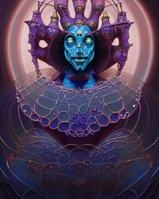 Image similar to front shot of a court jester character, hyperdimensional, bioluminescent hypercubes, ((intricate)), elegant, highly detailed, centered, (((artstation, concept art, smooth, sharp focus, artgerm, Tomasz Alen Kopera, Peter Mohrbacher, donato giancola, Joseph Christian Leyendecker, WLOP, Boris Vallejo))), mugshot!!!!!, ugly!!!!!!, octane render, nvidia raytracing demo, grainy, muted, 8K, digitalblasphemy