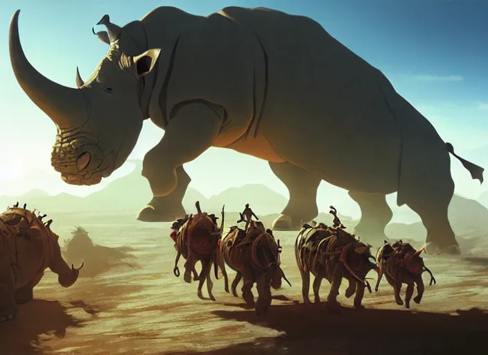 Image similar to the big large expedition with a crowd of adventurers being brought by gigantic rhinos carrying stuff towards the desert of duhnes medium shot, studio ghibli animation, anime key art by craig mullins, bloom, dramatic lighting