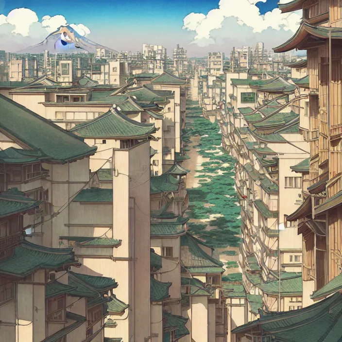 Image similar to empty japanese city, spring, in the style of studio ghibli, j. c. leyendecker, greg rutkowski, artem