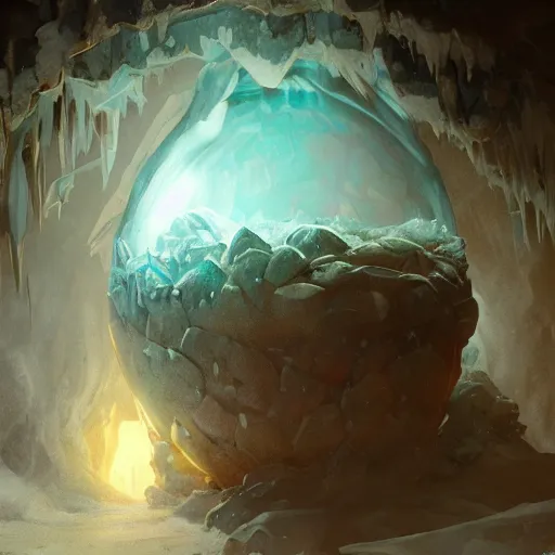 Image similar to A large frozen dragon egg in inside an ice cave, fantasy art by greg rutkowski and alphonse mucha, highly detailed, digital painting, matte painting, concept art, illustration, oppressive lighting, trending on artstation, very detailed